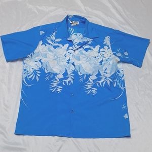 Hilo Hattie Electric Blue Vintage Hawaiian Button Front Vacation Shirt